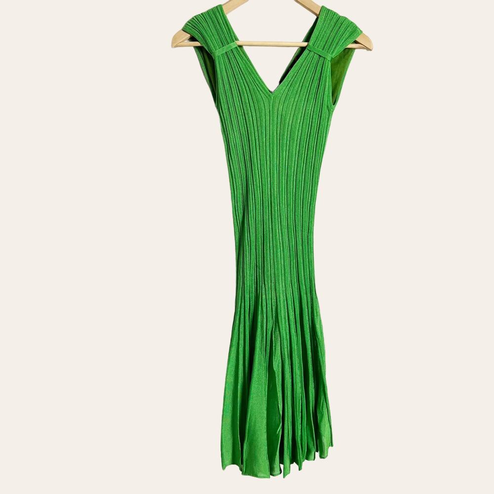 Fusun Solid Green Pleated Ribbed Knit V-Neck Cocktail Dress Size XS